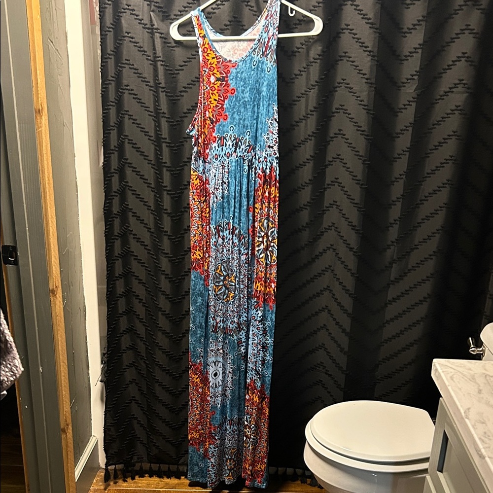 Vibrant Blue and Red Maxi Dress